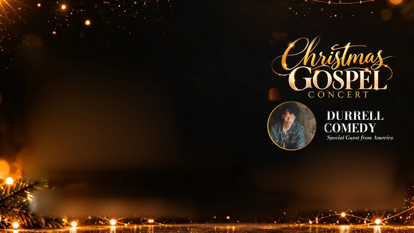 Christmas Gospel Concert al Nuovo Teatro Verdi, con la foto dell'ospite Durell Comedy, Special Guest from America, su sfondo di luci natalizie